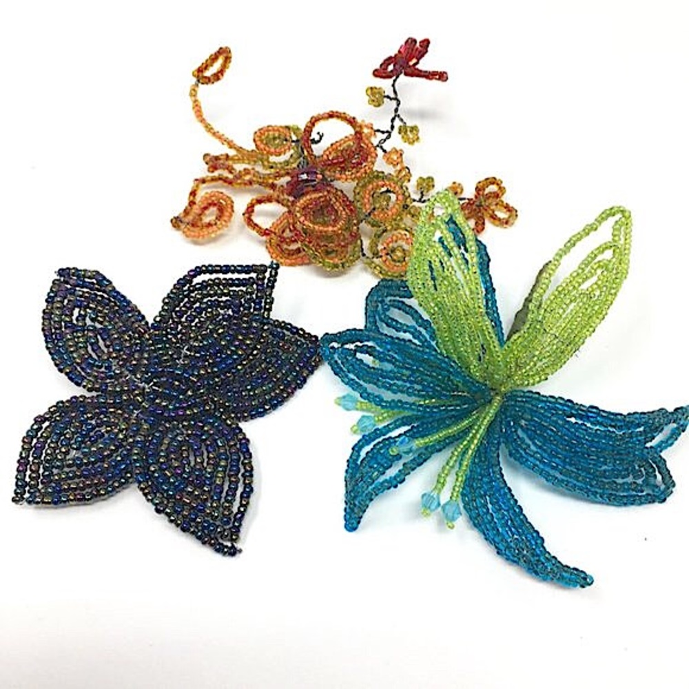Set of Three Handmade Seed Bead Flower Pin Brooches
